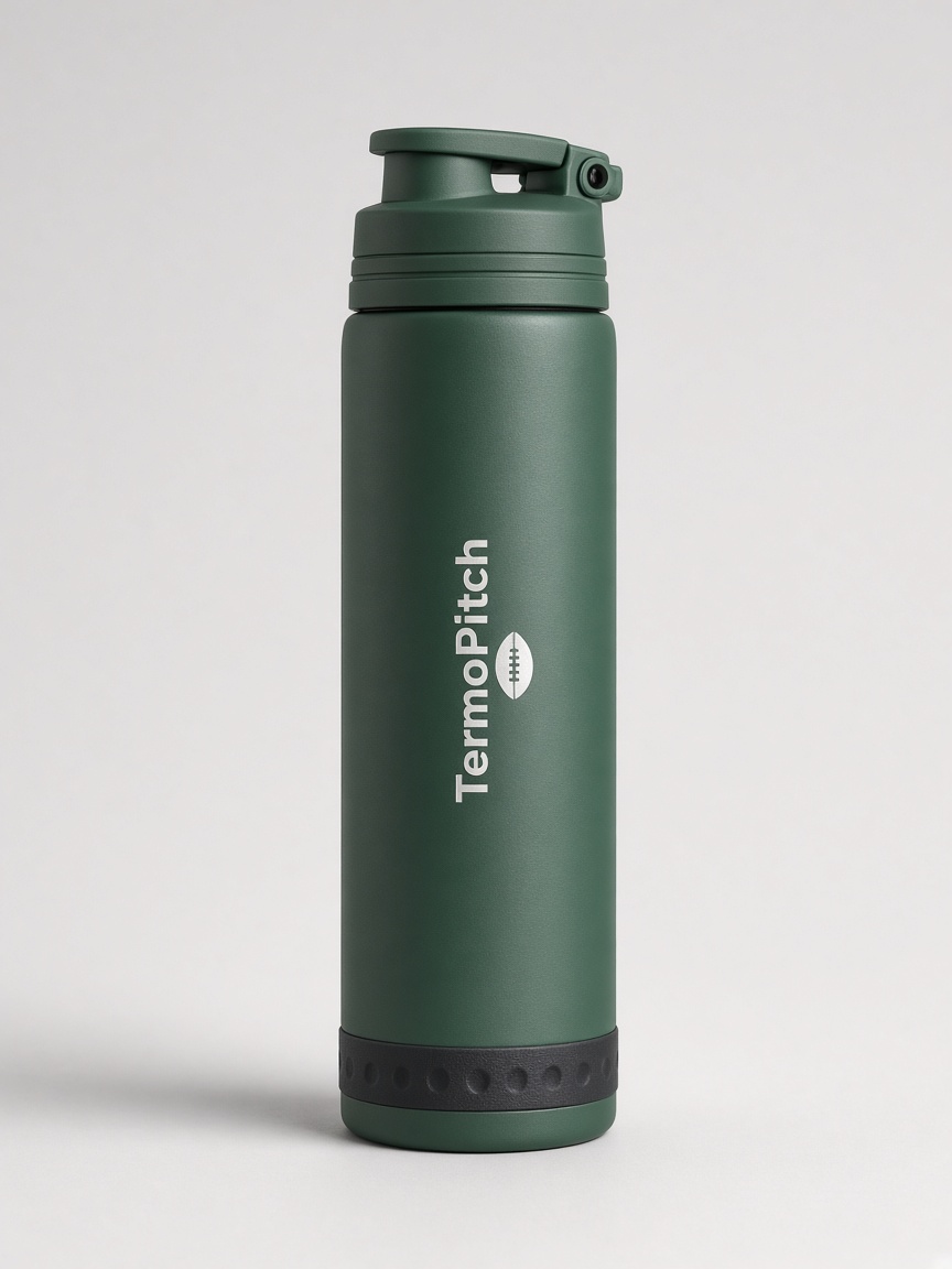Garrafa térmica TermoPitch verde mate, vista frontal em fundo de estúdio